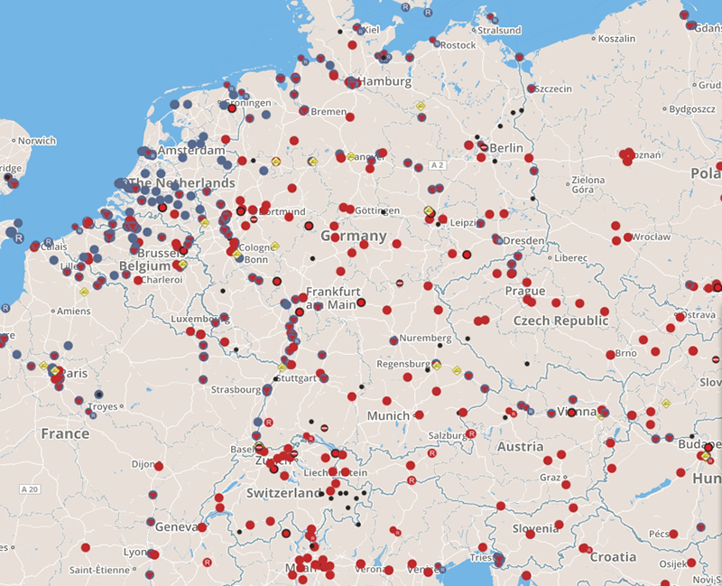 Kombinierter Verkehr: Auf der Karte sind die speziellen KV-Terminals / Güterverladestellen des kombinierten Verkehrs in Deutschland zu sehen