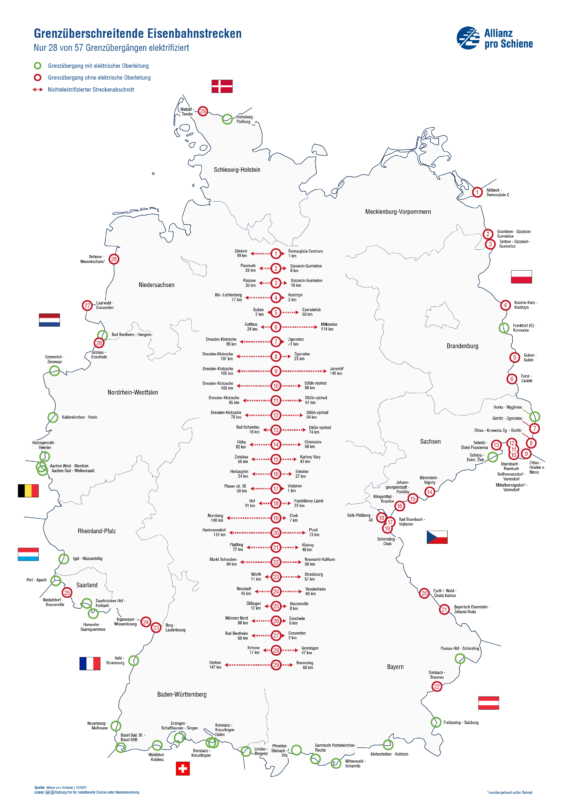 Eine Übersicht der elektrifizierten Grenzübergänge Deutschlands.