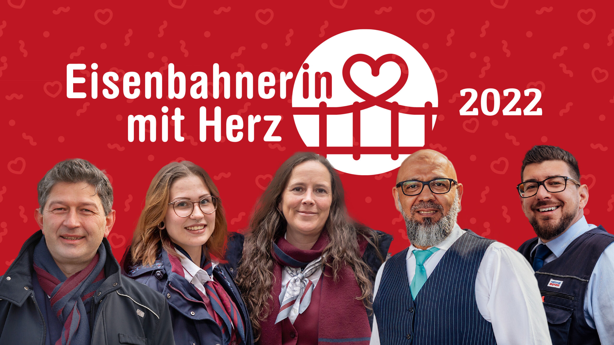 Die Sieger im Wettbewerb Eisenbahner/innen mit Herz 2022 (von links): Kujtim „Tim“ Haziri (Gold), Julia Schelhorn und Janina Küfner (Silber), Mohammed Boujettou (Bronze), Pasquale D’Ambrosio (Sonderpreis).