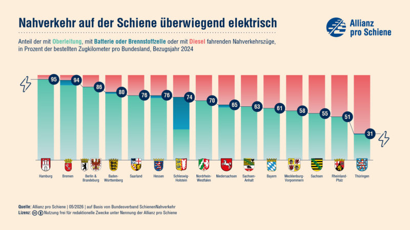 Die Infografik zeigt ein Säulendiagramm, welches die verschiedenen deutschen Bundesländer und ihren Status bei der Elektrifizierung von Nahverkehrszügen zeigt. In Hamburg sind die meisten Nahverkehrszüge elektrifiziert mit 95 Prozent, in Thüringen die wenigsten mit 31 Prozent.